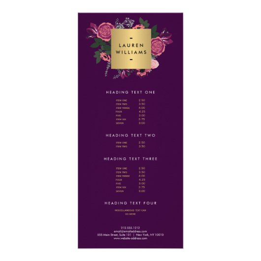 ダークパープルヴィンテージモダンフローラモチーフデザイナー ラックカード (正面)