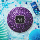 ダークパープル光沢フェイクのあるグリッタースパークルズモノグラム ペーパープレート (パーティー)