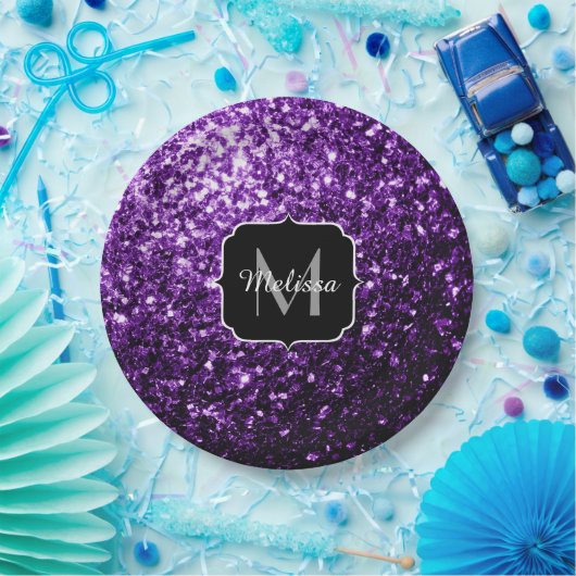 ダークパープル光沢フェイクのあるグリッタースパークルズモノグラム ペーパープレート (パーティー)