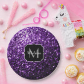 ダークパープル光沢フェイクのあるグリッタースパークルズモノグラム ペーパープレート (パーティー)