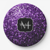 ダークパープル光沢フェイクのあるグリッタースパークルズモノグラム ペーパープレート (正面)