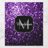 ダークパープル光沢フェイクのあるグリッタースパークルズモノグラム ワインラベル (シングルラベル)