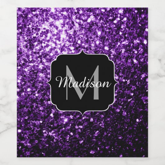 ダークパープル光沢フェイクのあるグリッタースパークルズモノグラム ワインラベル (シングルラベル)