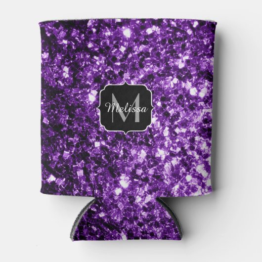 ダークパープル光沢フェイクのあるグリッタースパークルズモノグラム 缶クーラー (正面)