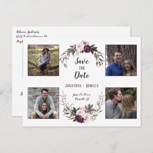 ダークパープル梅の牡丹の写真日付を保存 案内ポストカード (正面/裏面)