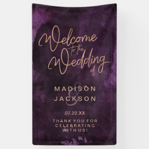 ダークパープル水彩及びバラ金ゴールド結婚の歓迎 横断幕