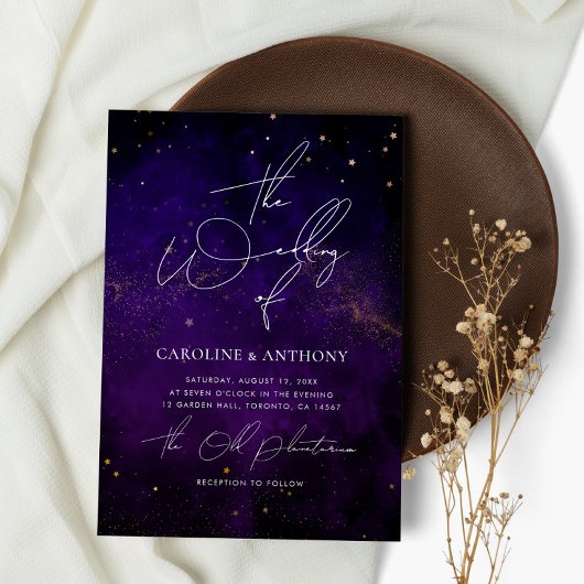 ダークパープル水彩魔法の金ゴールド写真 招待状