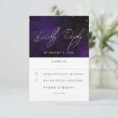 ダークパープル水彩魔法の金ゴールド結婚式RSVP 出欠カード (スタンド正面)