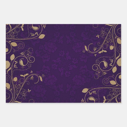 ダークパープル王室の(金ゴールドスクロール付き) ラッピングペーパーシート (正面2)