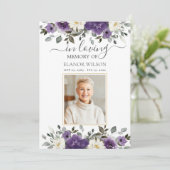 ダークパープル白フローラ写真葬儀記念館 サンキューカード (スタンド正面)