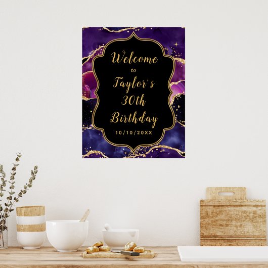ダークパープル金ゴールドシークインズアガテ誕生日へようこそ ポスター (キッチン)
