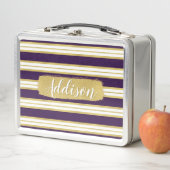 ダークパープル金ゴールドストライプパターン名前をカスタムする メタルランチボックス (インサイチュ)