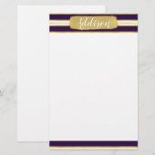 ダークパープル金ゴールドストライプパターン名前をカスタムする 便箋 (正面/裏面)