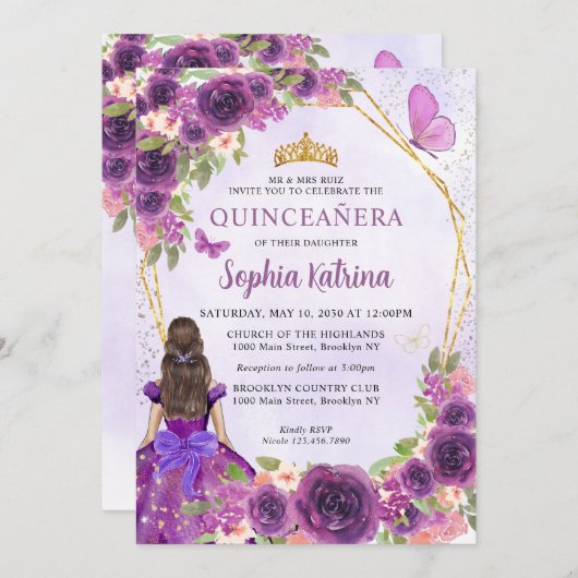 ダークパープル金ゴールドフローラプリンセスキンセアニラ 招待状 (正面/裏面)