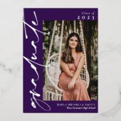 ダークパープル銀書道写真卒業 箔招待状 (正面)