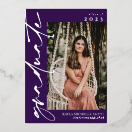 ダークパープル銀書道写真卒業 箔招待状