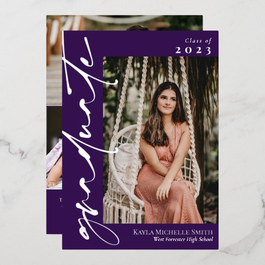 ダークパープル銀書道写真卒業 箔招待状 (正面/裏面)