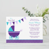 ダークパープル ティール バンティング キャリッジ ベビーシャワー 招待状 (スタンド正面)