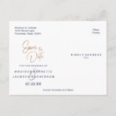 ダークパープル & ローズゴールドの結婚式 Save the Date 案内ポストカード (裏面)