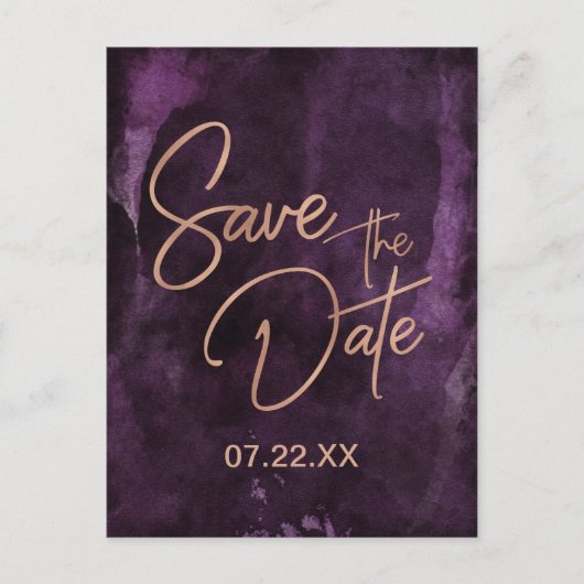 ダークパープル & ローズゴールドの結婚式 Save the Date 案内ポストカード (正面)
