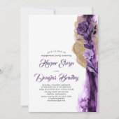 ダークパープル&金ゴールドグリッターフローラ婚約パーティ 招待状 (正面)