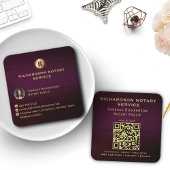ダークパープル&金ゴールドモノグラムお洒落公証人QR写真 スクエア名刺