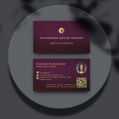 ダークパープル&金ゴールドモノグラムお洒落公証人QR写真 名刺