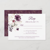 ダークパープル(金ゴールド付き)アウトラインバラパープルバックRSVP 出欠カード (正面/裏面)