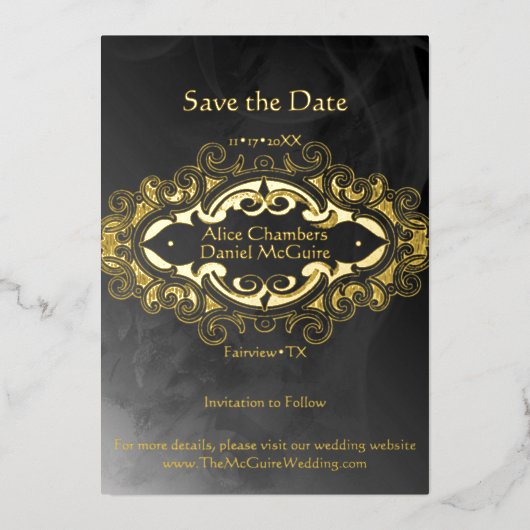ダークビクトリアングレーと金ゴールドアクセント日付を保存 箔招待状 (正面)