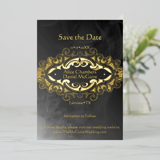 ダークビクトリアングレーと金ゴールドアクセント日付を保存 箔招待状 (立ち正面)