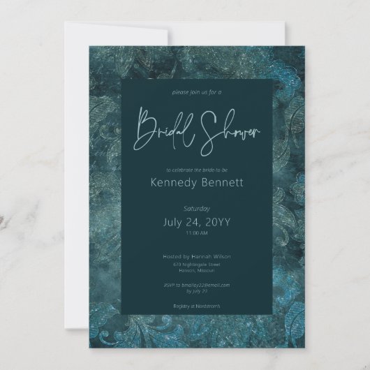 ダークビクトリアンティール（緑がかった色）ダマスクブライダルシャワー 招待状 (正面)