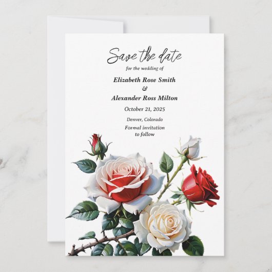 ダークピかわいらしンク白い赤いバラのフローラ結婚ズ セーブザデート (正面)