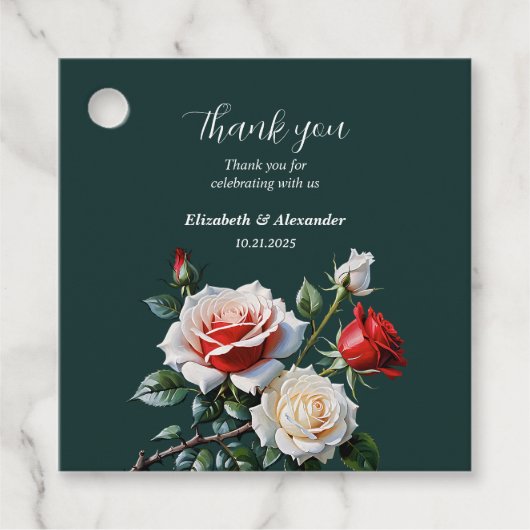 ダークピかわいらしンク白い赤いバラのフローラ結婚ズ フェイバータグ (正面)