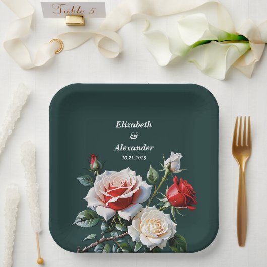 ダークピかわいらしンク白い赤いバラのフローラ結婚ズ ペーパープレート (ウェディング)