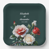 ダークピかわいらしンク白い赤いバラのフローラ結婚ズ ペーパープレート (正面)