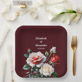 ダークピかわいらしンク白い赤いバラのフローラ結婚ズ ペーパープレート