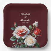 ダークピかわいらしンク白い赤いバラのフローラ結婚ズ ペーパープレート (正面)