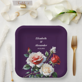 ダークピかわいらしンク白い赤いバラのフローラ結婚ズ ペーパープレート