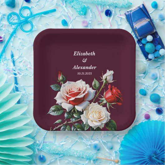 ダークピかわいらしンク白い赤いバラのフローラ結婚ズ ペーパープレート (パーティー)