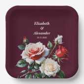 ダークピかわいらしンク白い赤いバラのフローラ結婚ズ ペーパープレート (正面)