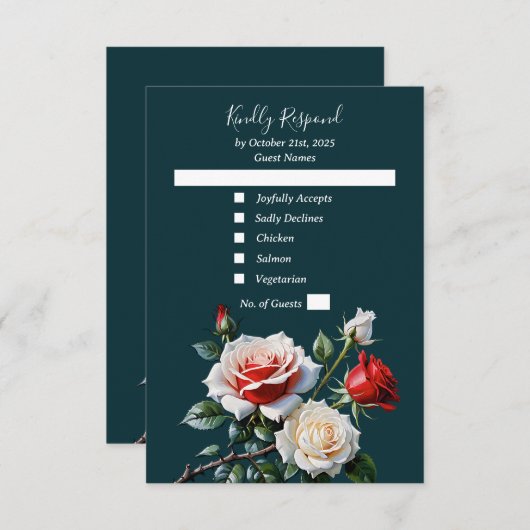 ダークピかわいらしンク白い赤いバラのフローラ結婚ズ 出欠カード (正面/裏面)