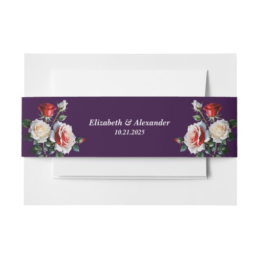 ダークピかわいらしンク白い赤いバラのフローラ結婚ズ 招待状ベリーバンド (正面例)