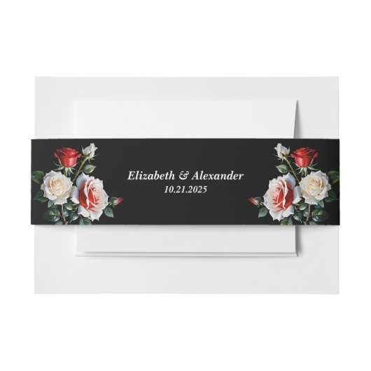 ダークピかわいらしンク白い赤いバラのフローラ結婚ズ 招待状ベリーバンド (正面例)