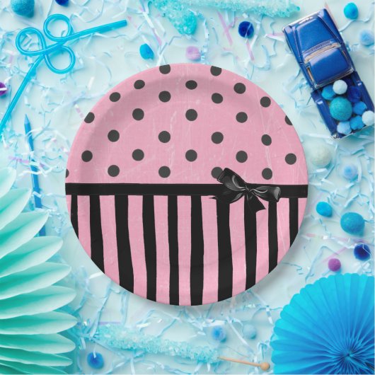 ダークピンクとブラックの水玉模様ストライプの紙プレート ペーパープレート (パーティー)