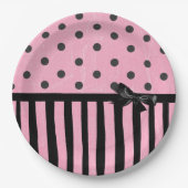 ダークピンクとブラックの水玉模様ストライプの紙プレート ペーパープレート (正面)