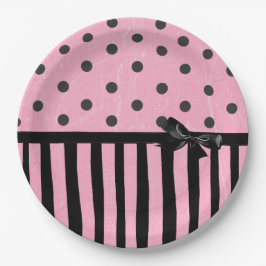 ダークピンクとブラックの水玉模様ストライプの紙プレート ペーパープレート