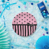 ダークピンクとブラックの水玉模様ストライプの紙プレート ペーパープレート (パーティー)