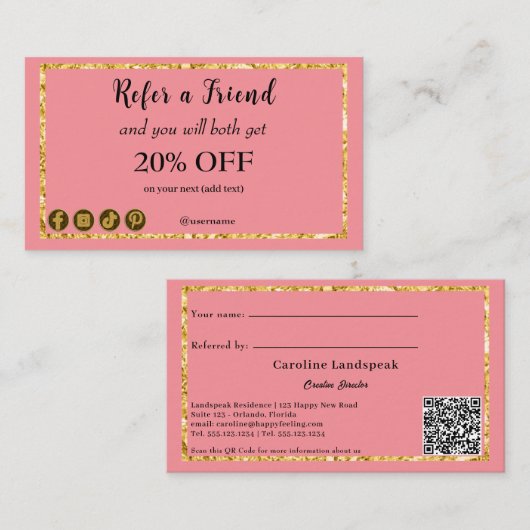 ダークピンクとQRコード、友人を参照 紹介カード (正面/裏面)