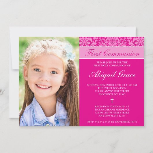 ダークピンクのダマスクの女の子の写真ファースト・コミュニオン 招待状 (正面)