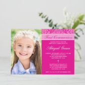 ダークピンクのダマスクの女の子の写真ファースト・コミュニオン 招待状 (スタンド正面)
